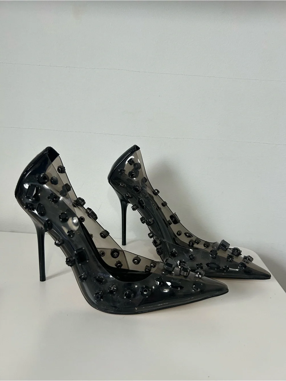 Good American Black Diamond Forever Stiletto Jeweled Emma Heels Size 9.5 chic